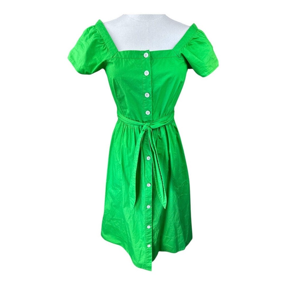 J. Crew Green Button-Front Midi Dress Puff Sleeve Belted Pockets 0
